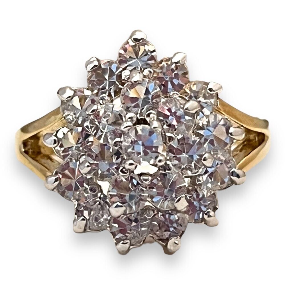 Vintage 1980s CZ Cocktail Ring Size 5 Halo Dome Two Tone Gold Plated - 14G